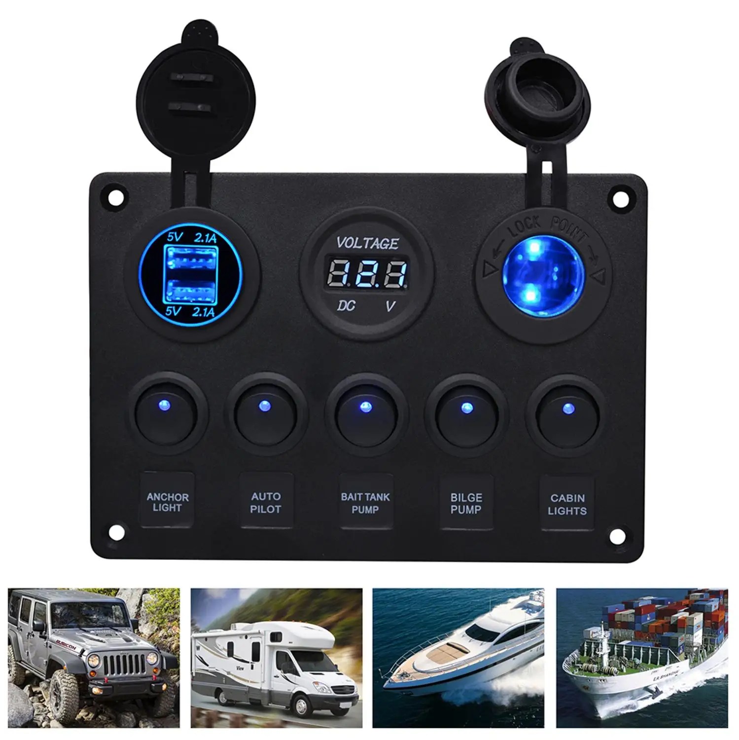 

Universal 5 Gang Car Marine Boat LED Rocker Switch Panel Waterproof Circuit Digital Voltmeter With 4.2A Dual Usb Slot Socket