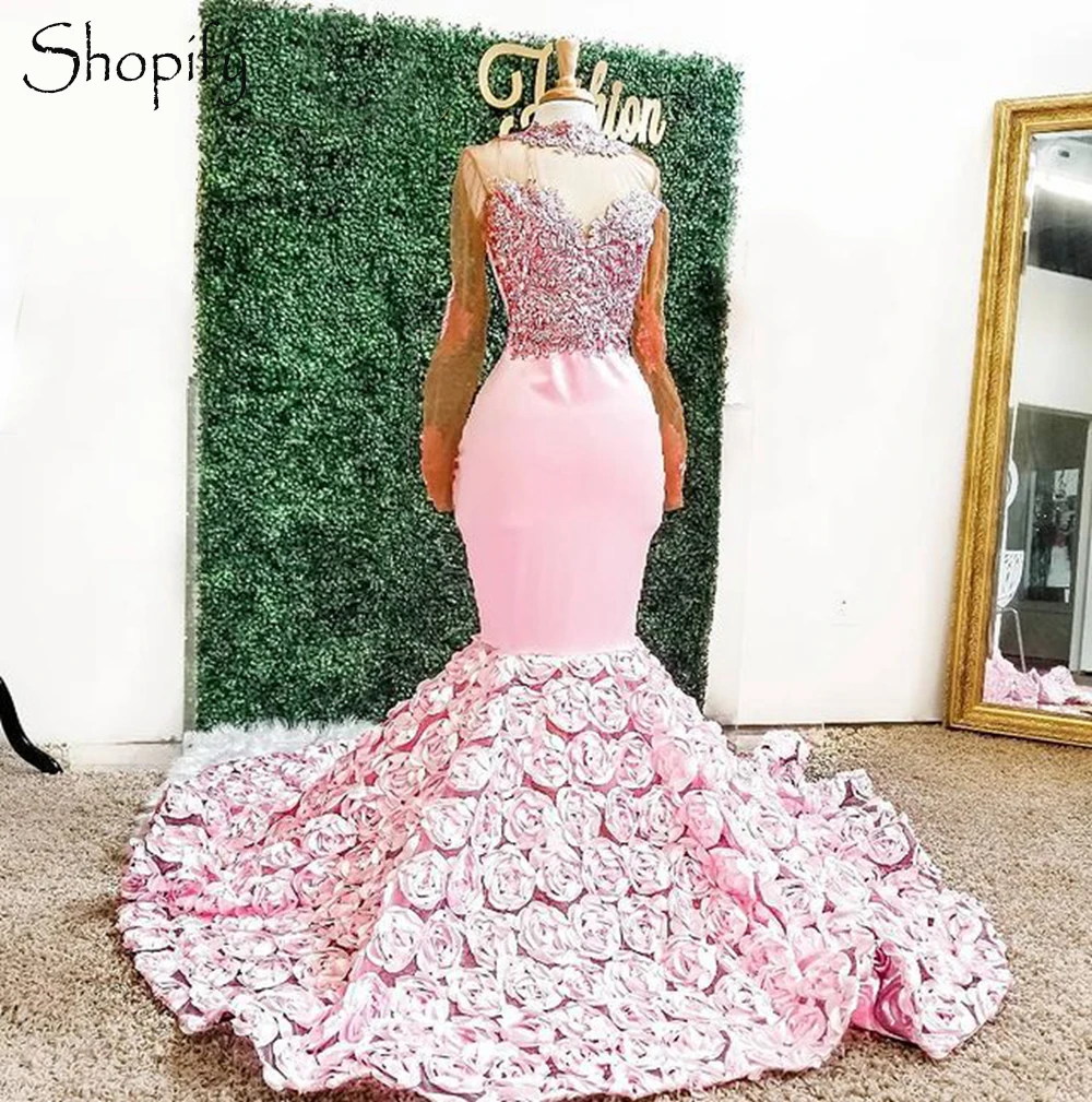 

Long Pink Prom Dresses 2021 High Neck Sheer Long Sleeve Top Lace Mermaid Flowers African Black Girls Prom Dress