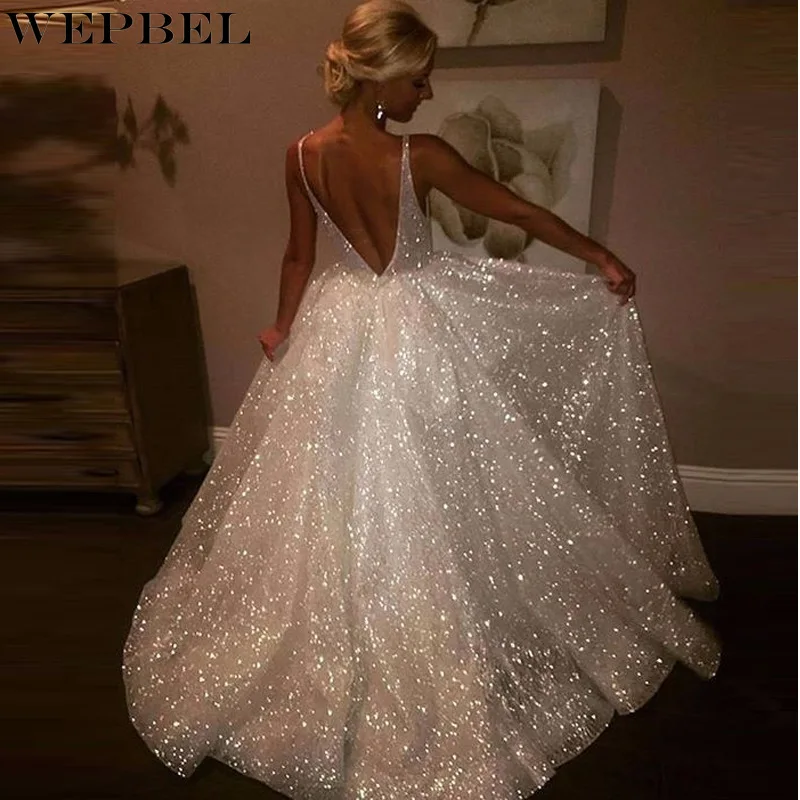 

WEPBEL Dress Women's Casual Sequined High Waist Dress Autumn Elegant Backless V-neck Spaghetti Strap Pleated Stitching Dress