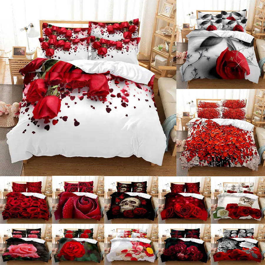 Red Rose Bedding Set Quilt Duvet Cover Comforter Pillow Case 3D HD Double Full King Queen Twin Single 3PCS 2PCS Bedroom Flower