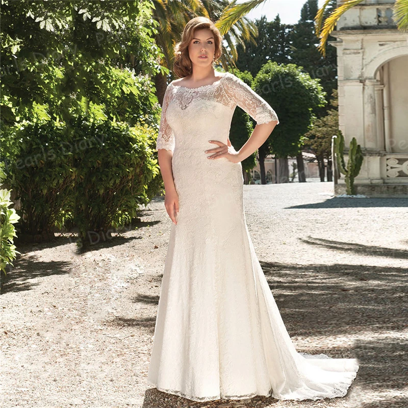 

Luxury Boat Neck Mermaid Wedding Dress Custom Half Sleeves Lace Appliques Bride Dresses Plus Size Vestido De Novia