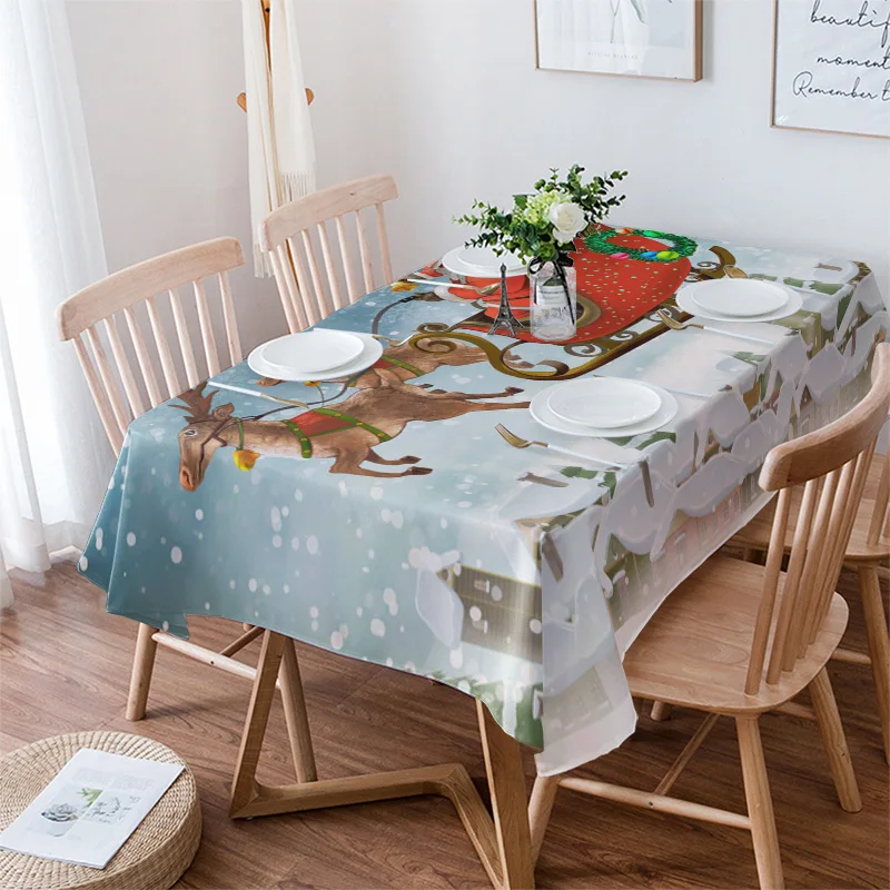 

Christmas Santa Claus Elk Village Snowing Table Cloth Waterproof Oilproof Dining Table Cover Kitchen Home Decor Tablecloth