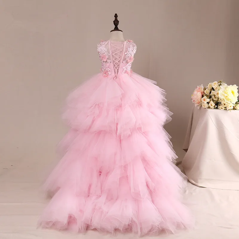 

Fancy Flower Girl Dress with Train 2021 Children Show Performance Costume Kids Long Mermaid Tulle Pink Gowns Boutique Clothes