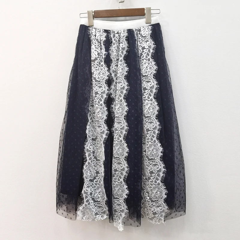 

Женская кружевная сетчатая юбка миди, элегантные юбки А-силуэта с поясом на резинке, женская одежда на весну и лето 2021