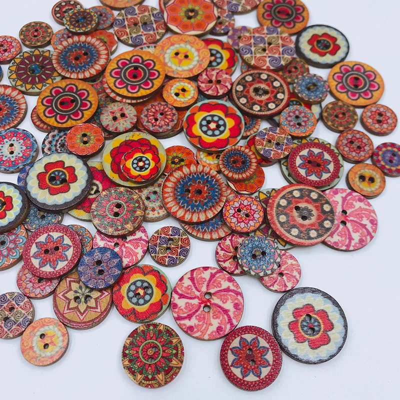

15/20/25mm Retro Round Wooden Buttons Two Eyes Wooden Buttons Flower Painted 1 Bag Colorful Wooden Buttons DIY Sewing Tools