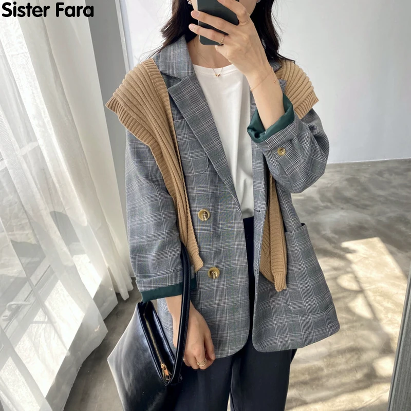 

Sister Fara New Spring 2021 Notched Plaid Blazers Women Long Double Breasted Chic Jacket Coat Autumn Office Lady Casual Blazers