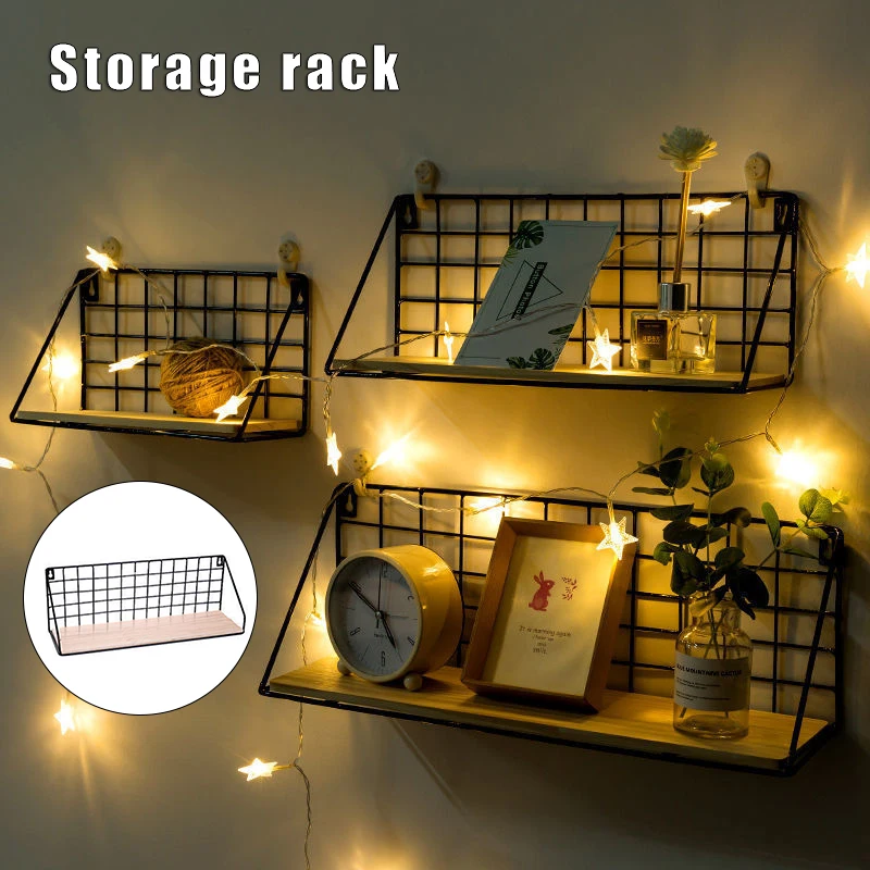 

3Pack Wall Shelves Wood Iron Metal Storage Shelves Punch Free For Kitchen Bathroom Living Room Bedroom Office NIN668