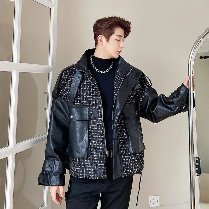 

Light Luxury Men's Stitched PU Leather Splicing Jackets High Quality Streetwear Oversized Coat 2021 New Korean Autumn Clothes