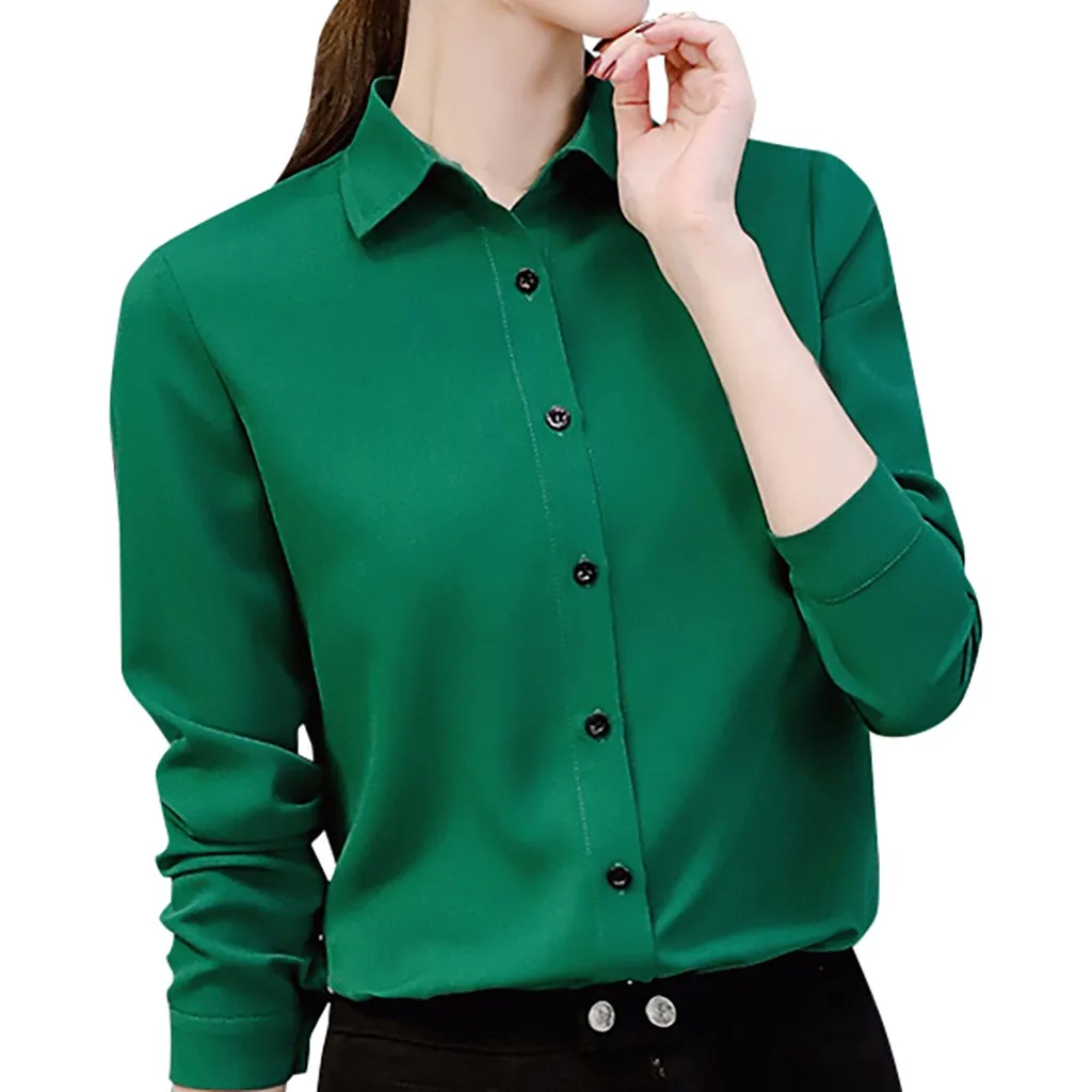 Женская Деловая блузка с отложным воротником Однотонная рубашка зеленого