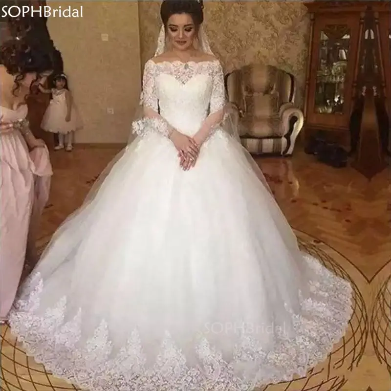 

Arabic A-Line Vintage Wedding Dresses Lace Appliques Boat Neck Long Sleeve Bridal Gowns Vestido De Noiva Bride Dresses Robes