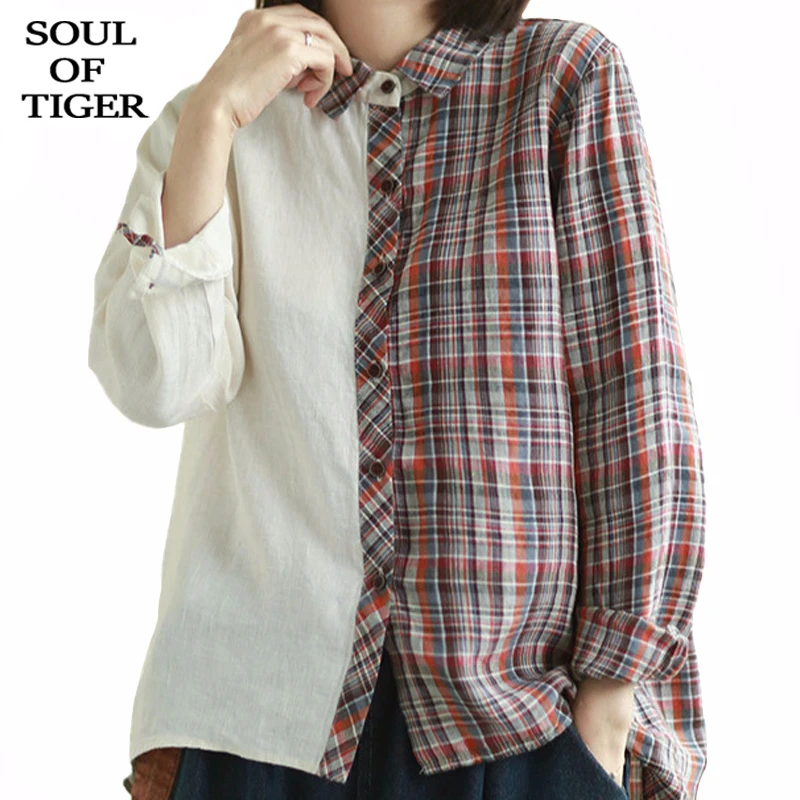 

SOUL OF TIGER 2020 Korean Spring Fashion Ladies Vintage Linen Shirts Women Plaid Tops And Blouses Loose Plaid Streetwear Clothes