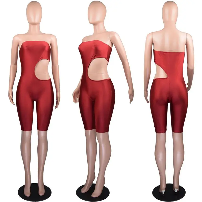 

2019 women summer solid strapless cut out waist knee length sexy jumpsuit bodycon club overall romper playsuit 4color GLLD9026