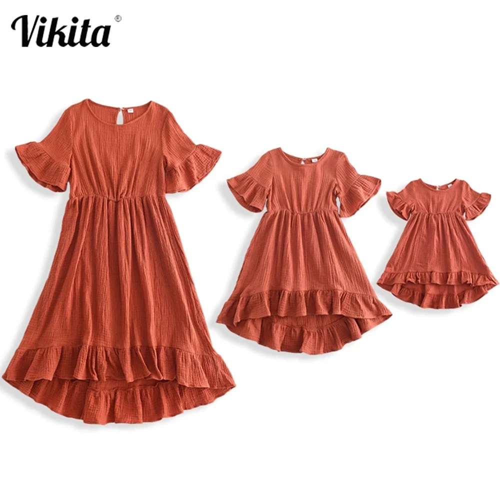 

VIKITA Mother Daughter Solid Summer Dresses Kids Girl Ruffles Costumes Family Matching Outfit Mom Girls and Baby Casual Dress