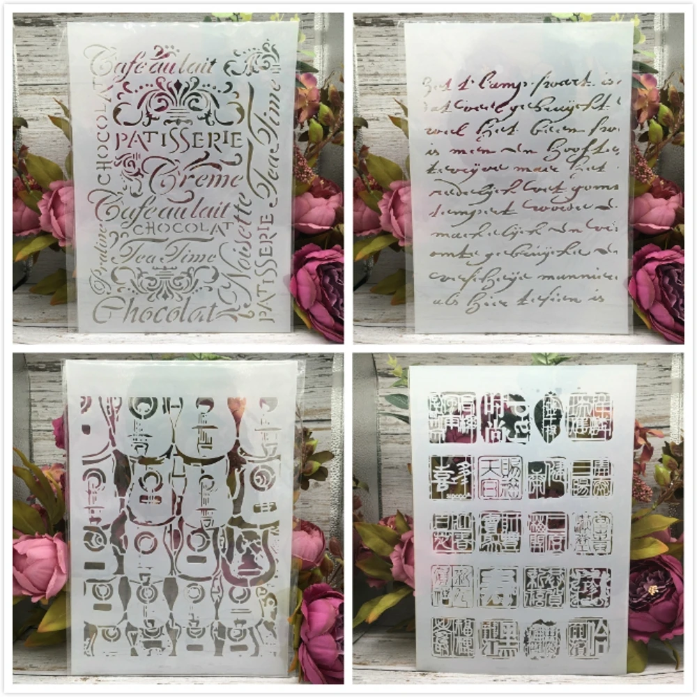 

4Pcs A4 29cm Letters Paragragh Chinese Stamp DIY Layering Stencils Painting Scrapbook Coloring Embossing Album Decor Template