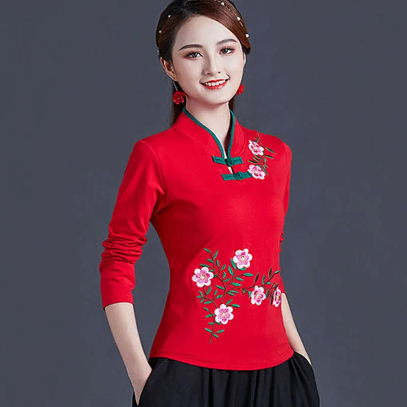 

Cheongsam Women's Plus Size Stand Collar Tops 2022 Spring Cotton Blend Embroidery Long Sleeve Chinese Style Qipao Shirts Woman