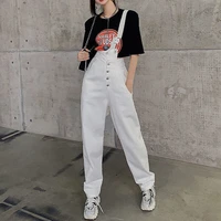 casual jeans women high waist button handsome white overalls female korean straight denim trousers 2021 femme streetwear fashion