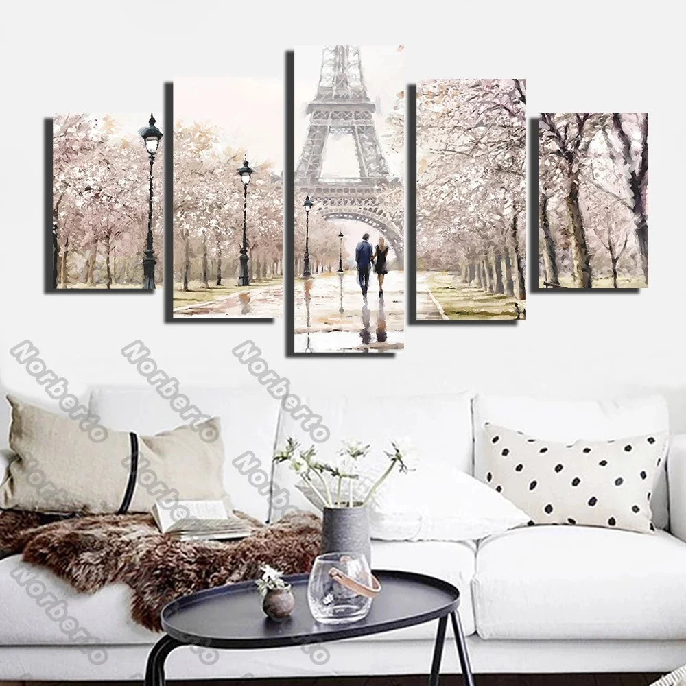 

Canvas Painting Wall Poster Romantic Scene Couple Walking Along Pink Cherry Blossom Road Under Eiffel Tower for Home Rooms Decor