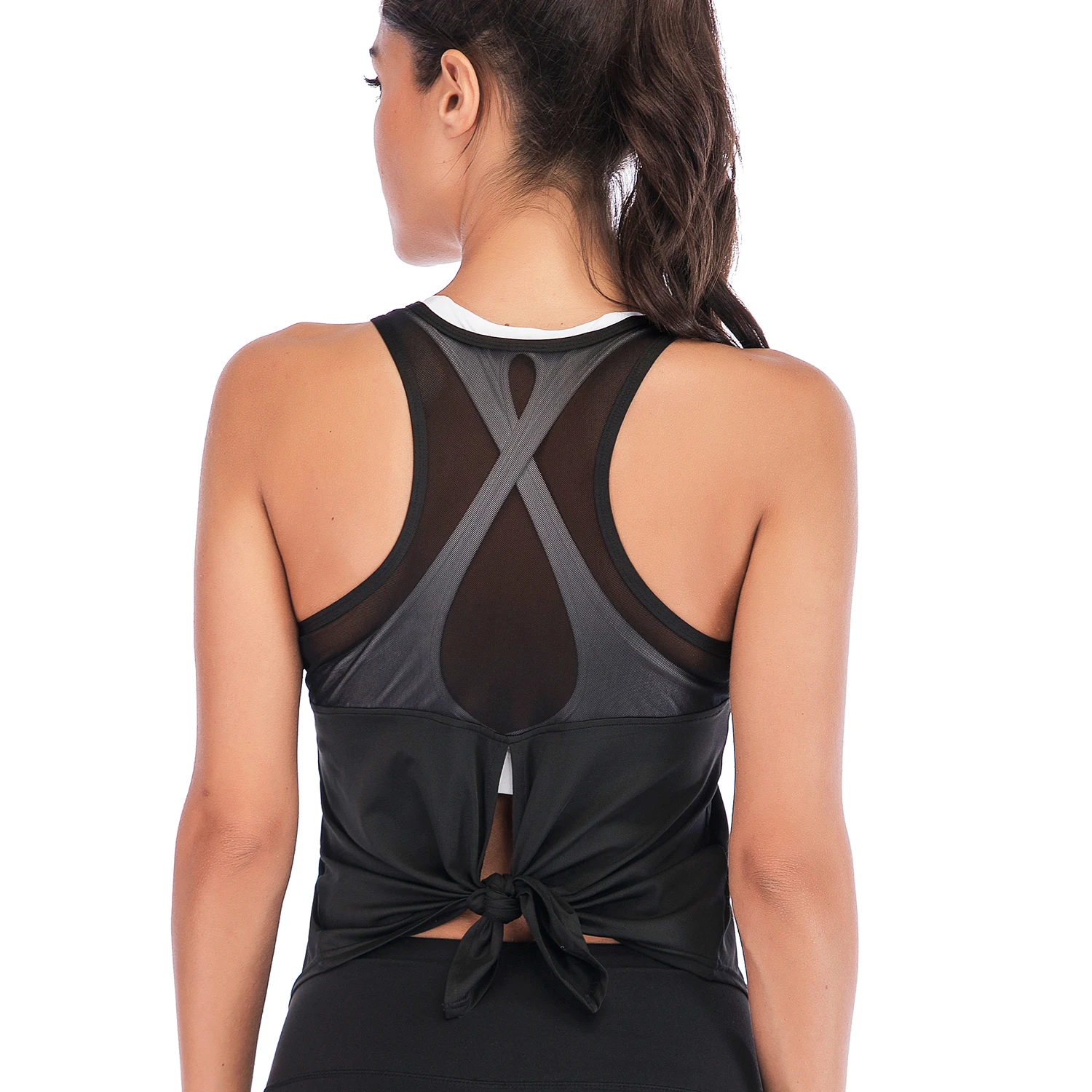 Женский безрукавный топ сетчатой фактуры для йоги, спорта и фитнеса с крестовым открытым спинкой и технологией быстрого высыхания