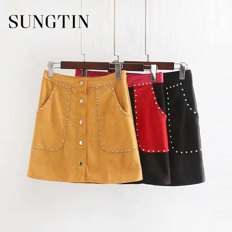 Женская мини-юбка из искусственной замши Sungtin модная трапециевидная юбка с