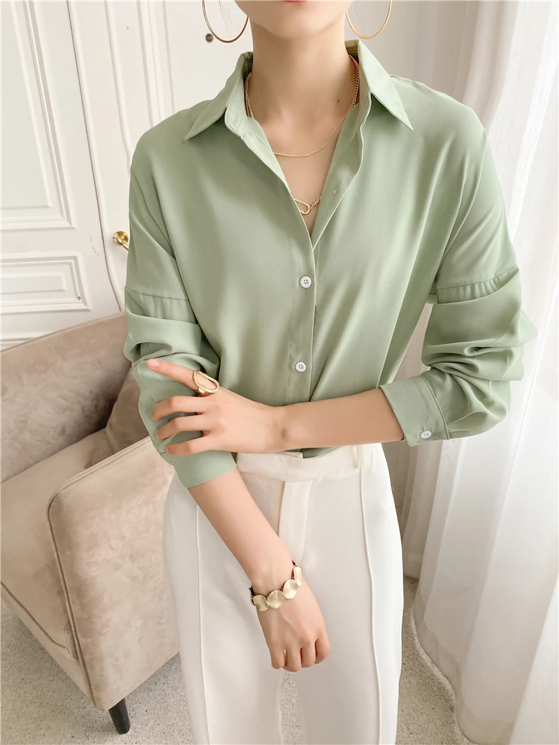 

HziriP OL Elegant Multicolor Basic Shirt Women 2020 Summer Blouses Loose Lapel Solid Office Lady Long Sleeve Chiffon Tops Blusas