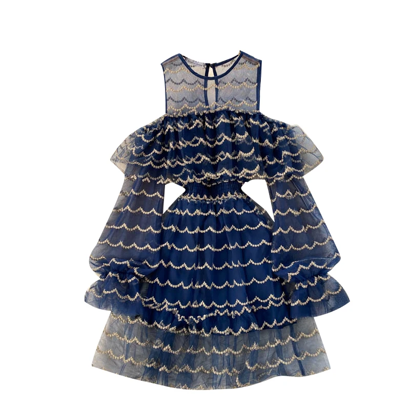 

Chic Off Shoulder Mesh Dress Women Hollow Wave Cut Puff Sleeve A-line holiday Dress Summer Korean Elegant Ruffle Dress