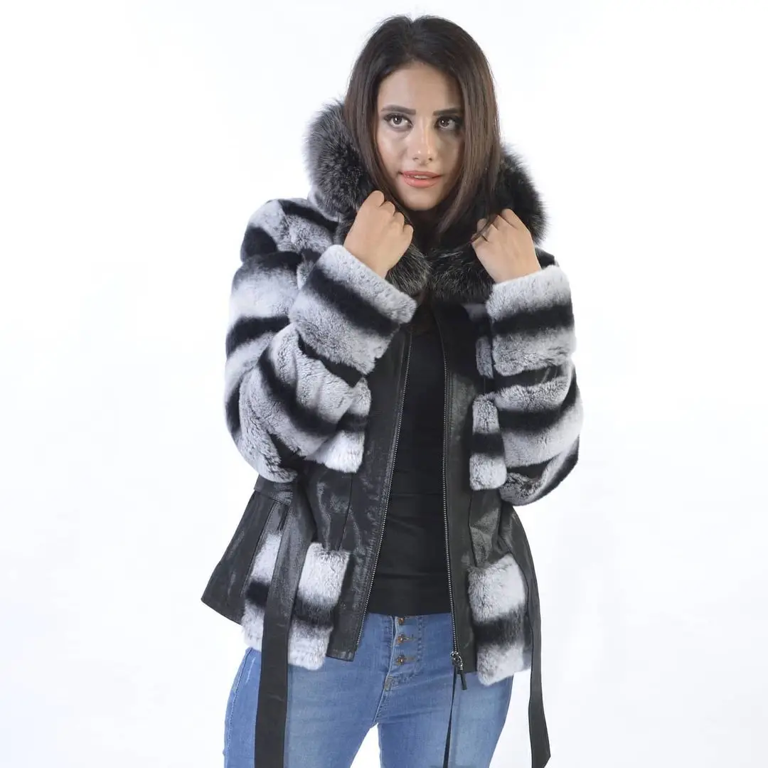 Winter Fashion Real Rex Rabbit Fur Coats with Silver Fox Fur Hood Natural Women Causal Full Pelt Genuine Rex Rabbit Fur Jacket