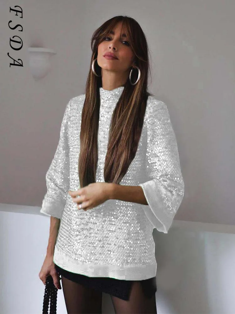 Модная зеленая блузка с блестками и круглым вырезом FSDA 2021 женские рубашки Y2K