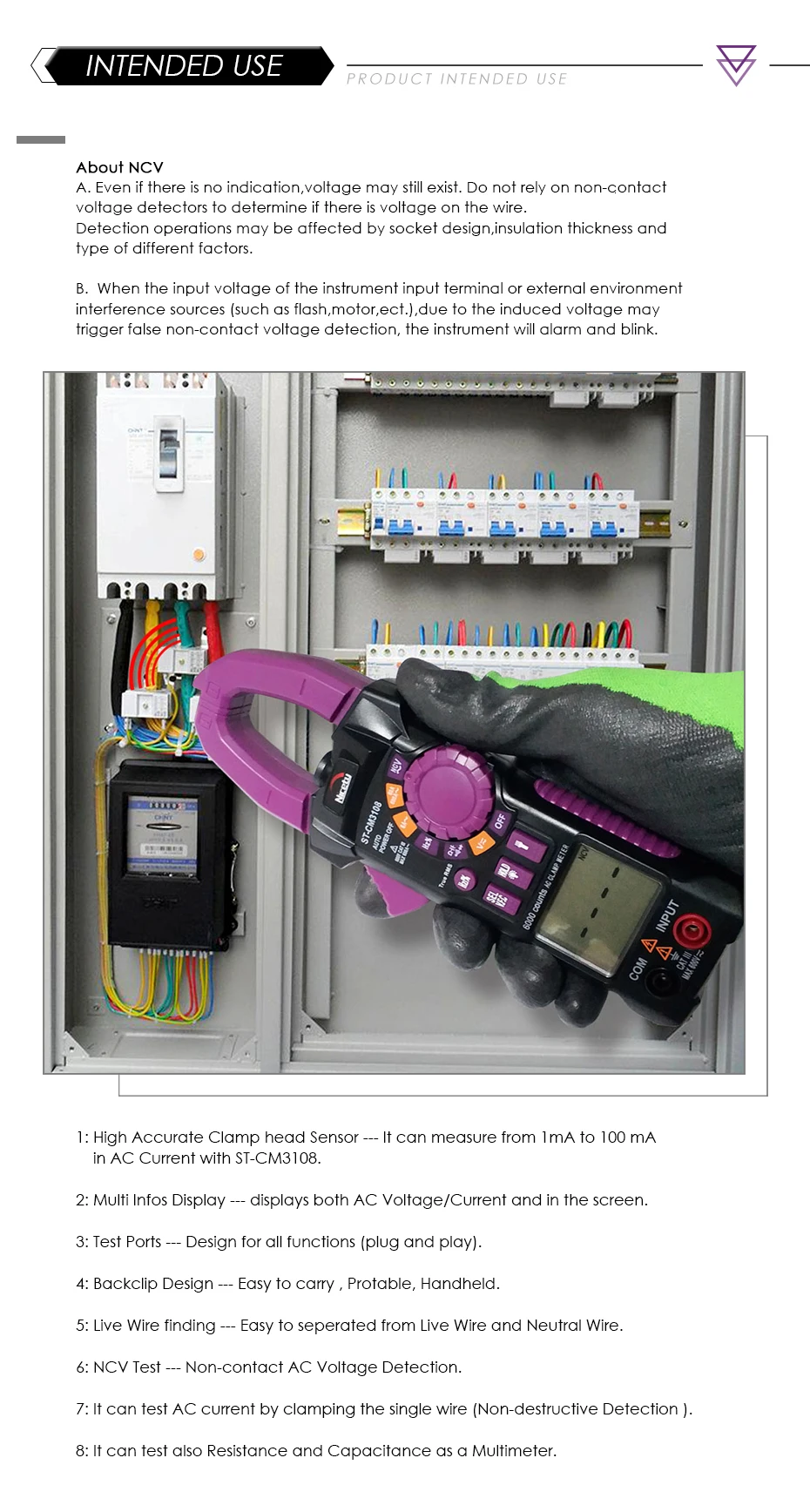 Хороший ST-CM3108 6000 отсчетов цифровой истинный RMS AC ClampMeter измерение сопротивления емкости мини-клещи NCV