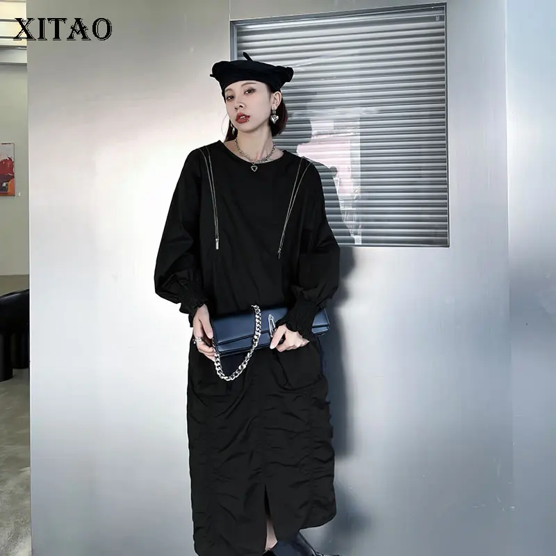 

XITAO, повседневные женские толстовки, Осенние, новые, однотонные, с круглым вырезом, пуловеры, с длинным рукавом, на молнии, с украшением, свобо...