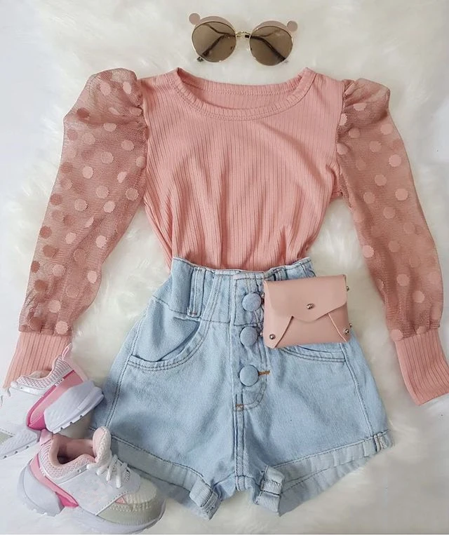 Детский летний комплект одежды в горошек с кружевными рукавами-фонариками и