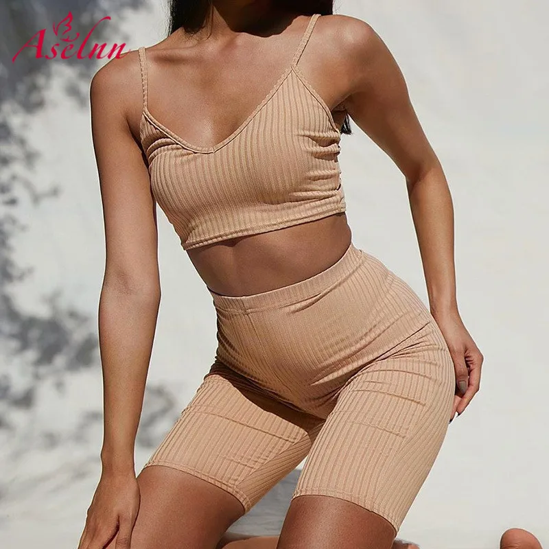 Aselnn облегающий ребристый вязаный комплект из двух предметов женские короткие