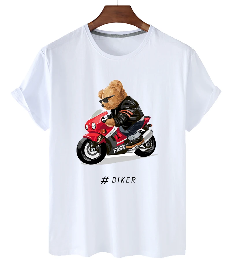 

100% Cotton Motorcycle Bear Print Short-sleeved T-shirt Female Summer Casual Short-sleeved Couple Oversized T-shirt Ladies Shirt
