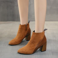 new autumn womens boots suede zipper mid heel short boots square root high heels comfortable casual shoes pointed toe boots