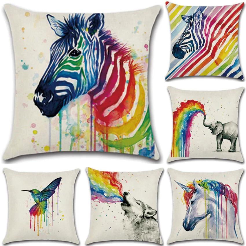 

New Rainbow Zebra An Elephant Printed Linen Fabric Pillowcase Pillows Case Cover Pillow Bedroom