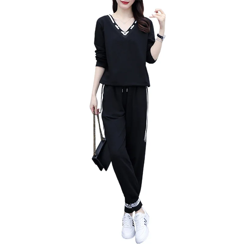 

plus size women's autumn ladies casual sports suit V-neck top casual nine-point pants two-piece female