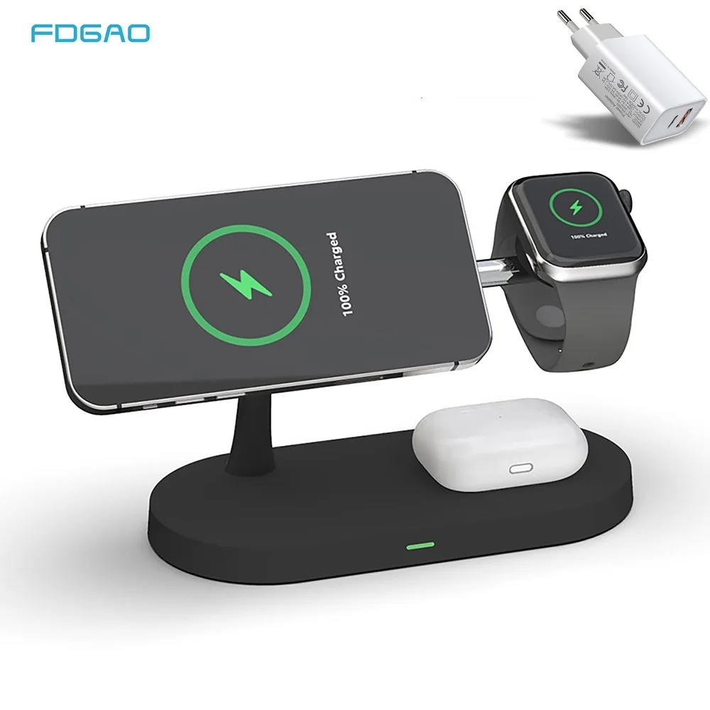 

Беспроводная Магнитная зарядная док-станция FDGAO 3 в 1, 15 Вт, для iPhone 12 Pro Max, зарядные устройства, подставка для Airpods Pro, Apple Watch