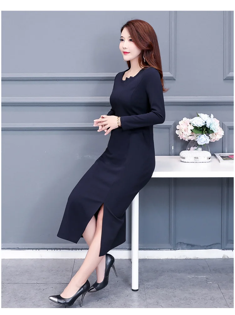 

2019 Autumn Winter Plus Size splited Red solid Mid-calf Dresses Women Elegant Korean Bodycon Dress Party Long Sleeve Vestidos