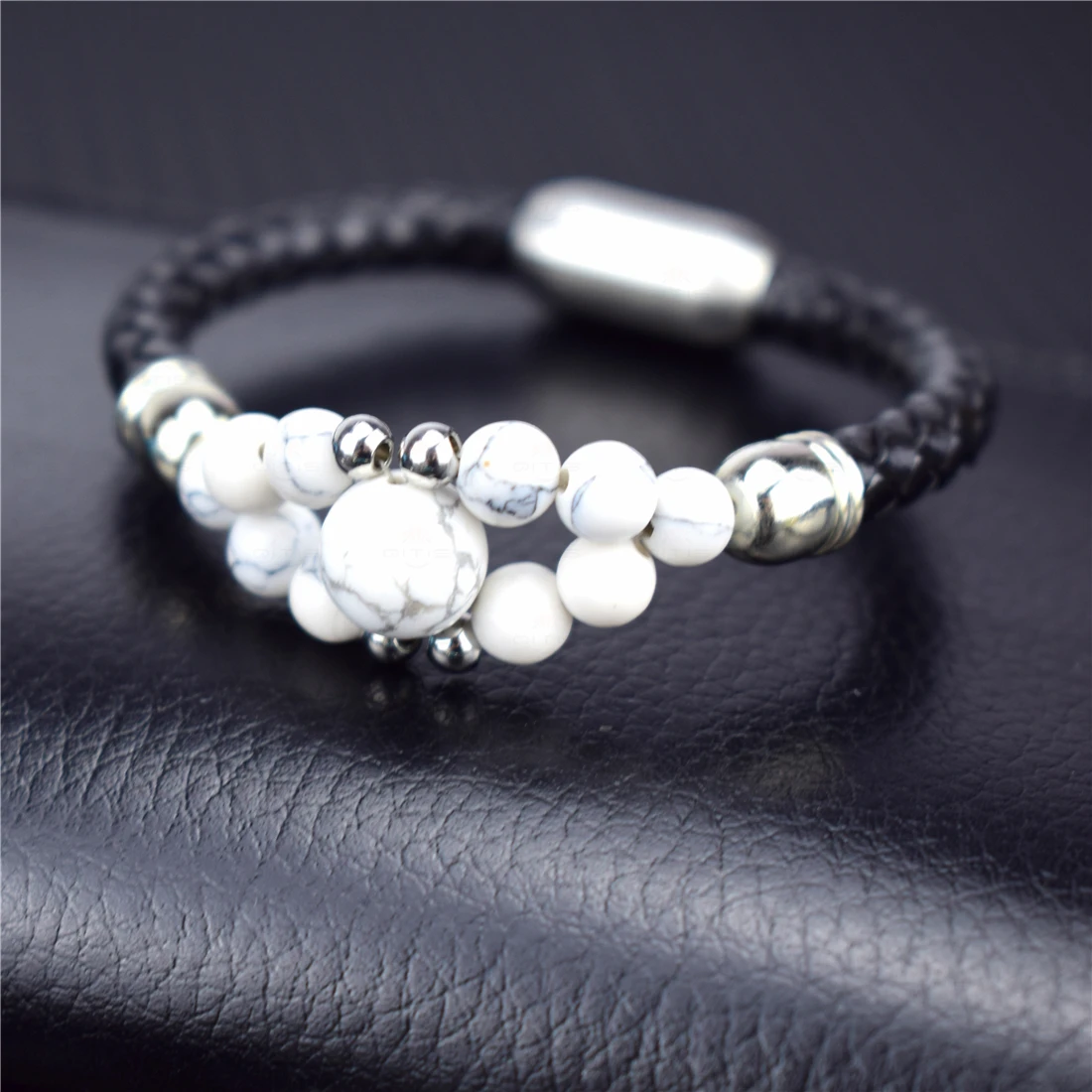 

New Men's Vintage White Natural Stone Stainless Steel Bracelet Woven Leather Bracelet Men and Women Gift Jewelry