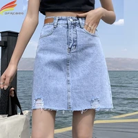 new summer 2021 a line denim skirt women high waist epaulet blue jean skirt withe hole button all matched saia jeans hot sale