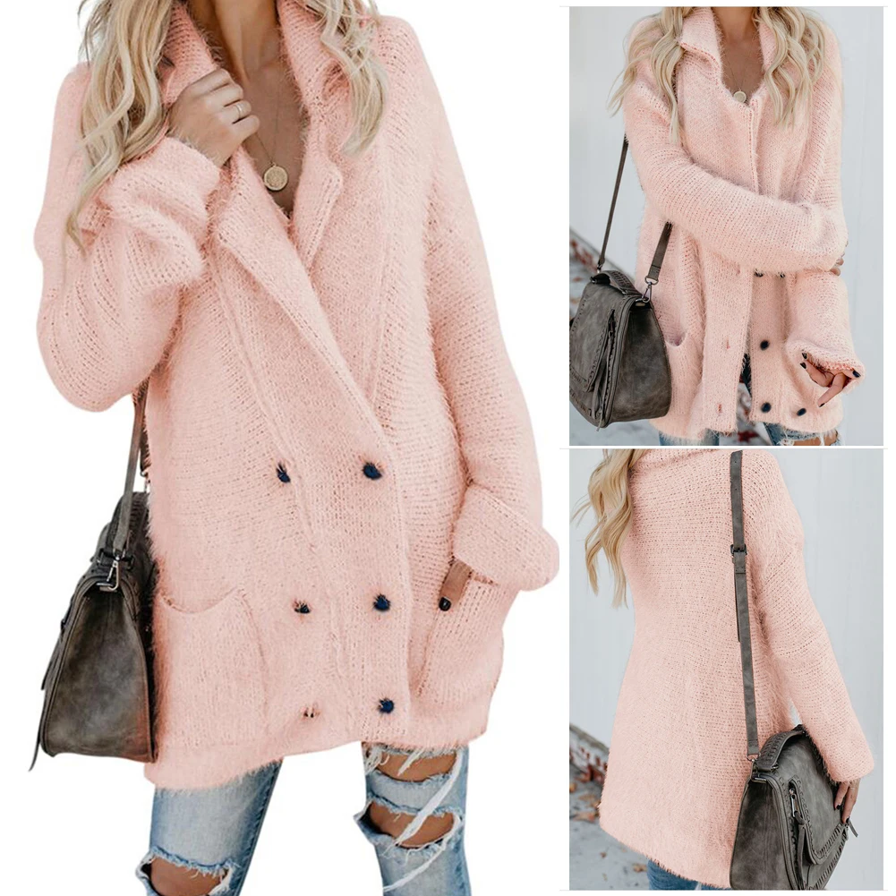 

Outwear Knitted Button Down Double Breasted Winter Fashion With Pockets Women Coat Casual Thickened Warm Fuzzy Long Sleeve Solid