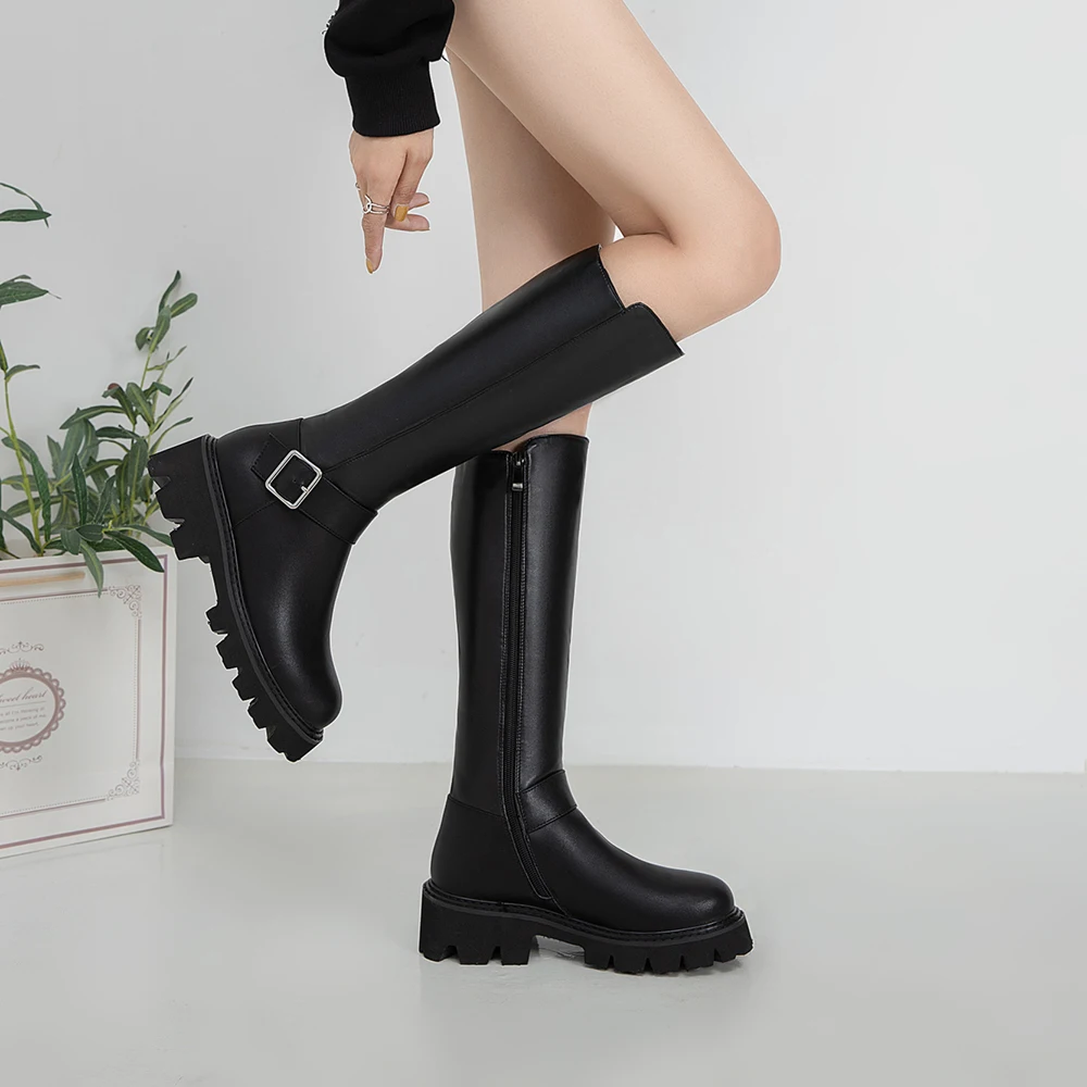 

kickway Genuine Leather Winter Shearling Snow Boots Women Fashion Black Wool Warm Winter Shoes Ladies Side Zipper Knee High Boot