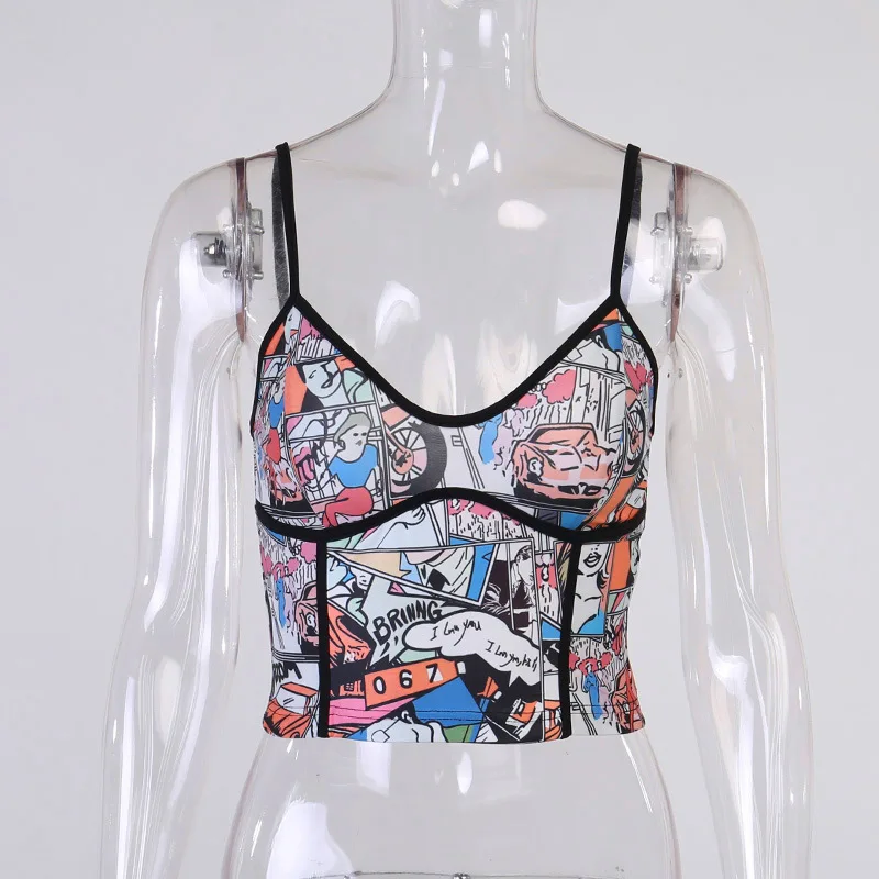 

New Summer women's clothing Crop top The new V-neck sexy trendy Exposed navel Traceless graffiti print camisole Corset
