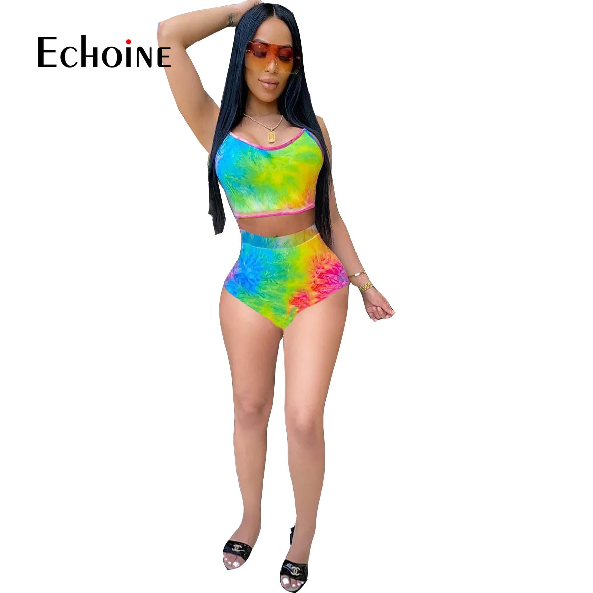 

Echoine Women Tie Dye Print Sets Sheath Elastic Sleeveless Crop Tops Low Waist Shorts 2 Piece Set Female Casual Summer Beachwear
