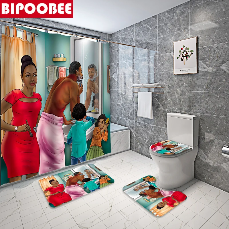 

African American Sweet Home Bathroom Curtains Set Waterproof Fabric Shower Curtain Bath Mats Toilet Cover Anti-Slip Rugs
