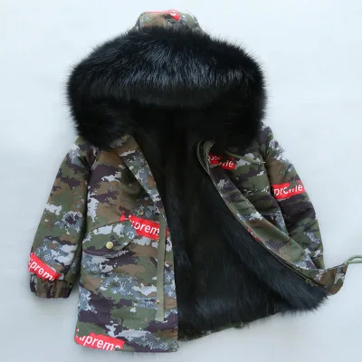 Camo Green Black Пальто с мехом для девочек; куртка с искусственным лисьим мехом; зимняя детская одежда; камуфляжная верхняя одежда для мальчиков и девочек; детское меховое пальто; TZ155 - Цвет: Camo Green Black