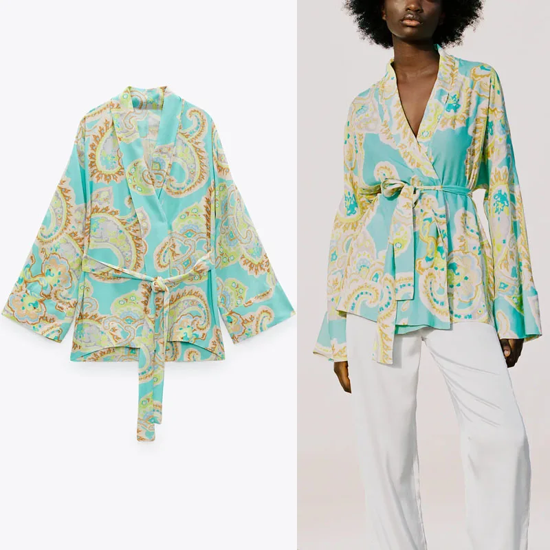 

Женская блузка с длинным рукавом Za, винтажная Свободная блузка с бантом на поясе, летняя блузка с запахом, голубая плиссированная рубашка, ...