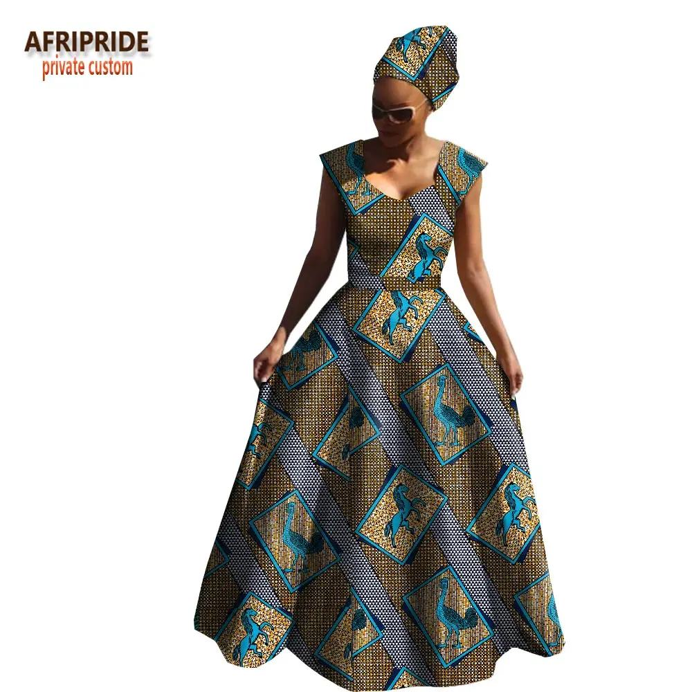Afripride, Африканское весеннее Хлопковое платье для женщин, без рукавов, v-образный вырез, длина до пола, женское платье с повязкой на голову A1825039 - Цвет: 549J