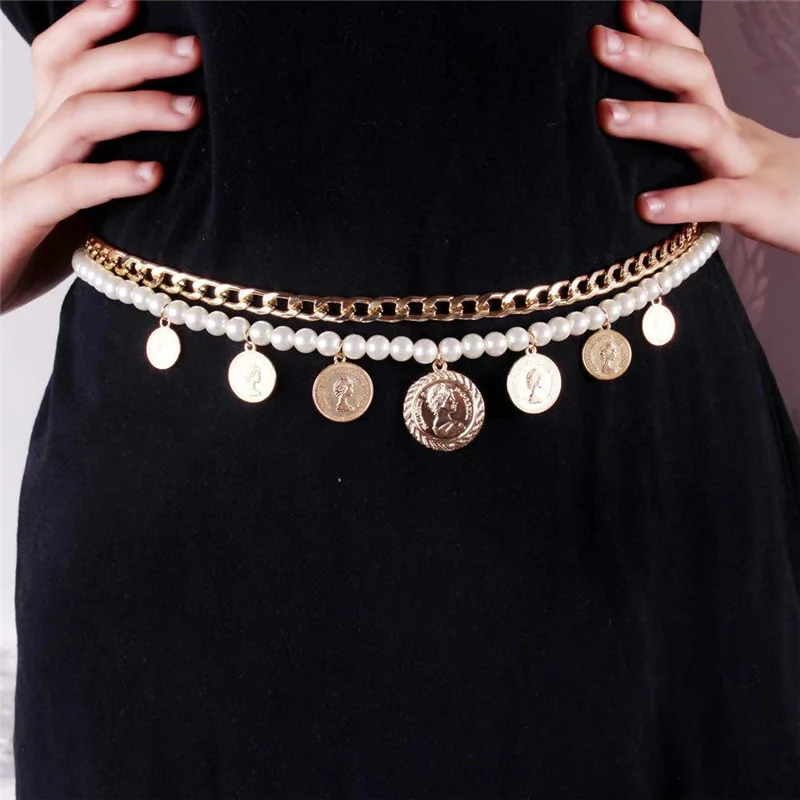 

Imitation pearl women's metal waist chain belt bead body chain pendant sexy women's fashion jewelry belt accessories Bohemia