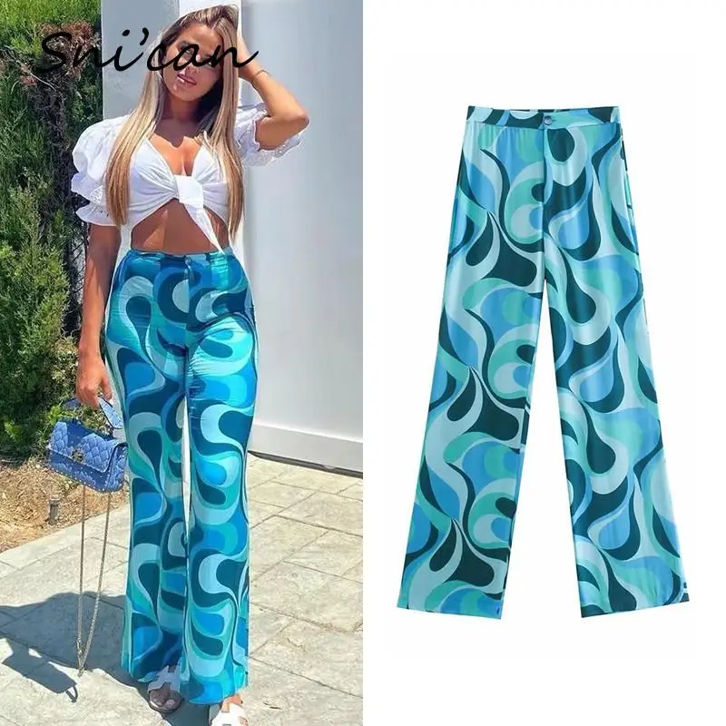 

Za Blue Geometrical Print Pants Summer Fashion Satin Long Trousers Women Vintage Female Bottom Satin Pantalon Pour Femme 2021