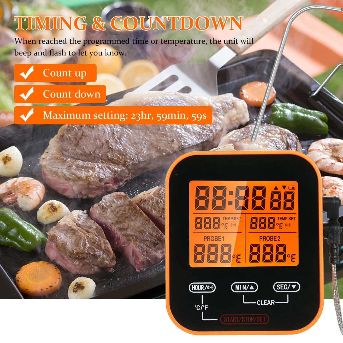 

Digital Food Thermometer Timer Wireless Meat Temperature Probe Thermomter Oven Thermometer for Grill Barbecue Kitchen Cooking